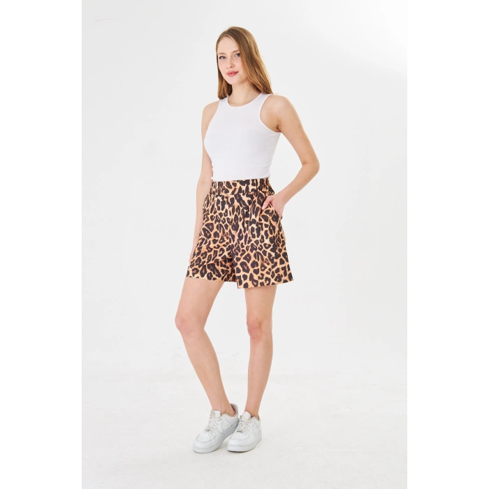 Yüksek Bel Leopar Desenli Kadın Şort – Günlük Rahat Kesim