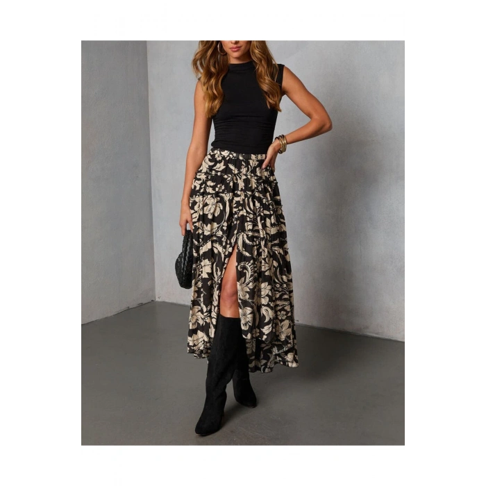 Yüksek Bel Çiçek Desenli Anvelop Midi Etek – Akışkan Kumaş, Feminen Siluet, Günlük & Davet Şıklığı