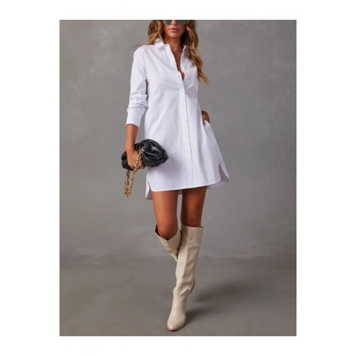 Premium Likralı Beyaz Gömlek Elbise – Pamuk-Cepli, İç Göstermez, Oversize Tasarım
