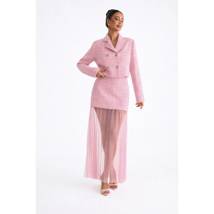 Pudra Pembe Kruvaze Tüvit Ceket ve Tül Etekli Kadın Takım – Modern Davet & Özel Gün Kombini