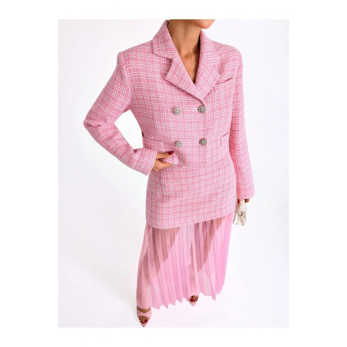 Pudra Pembe Kruvaze Tüvit Ceket ve Tül Etekli Kadın Takım – Modern Davet & Özel Gün Kombini