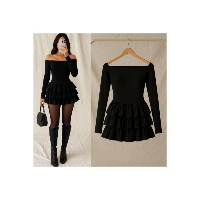 Kadın Kayık Yaka Volanlı Mini Elbise – Uzun Kollu