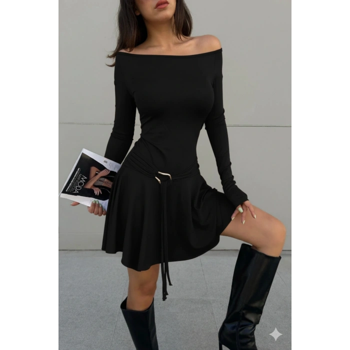 Kayık Yaka Drapeli Mini Elbise – Günlük & Şık Kullanım, Esnek Fit