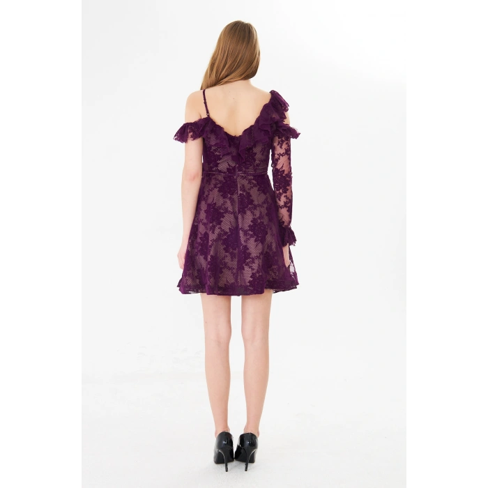 Mor Dantel Mini Abiye Elbise | Tek Omuz Volanlı, Uzun Kollu, Davet & Mezuniyet Elbisesi