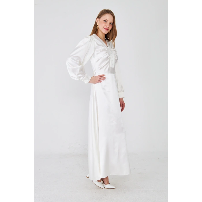 Uzun Kollu Düğme Detaylı Maxi Elbise