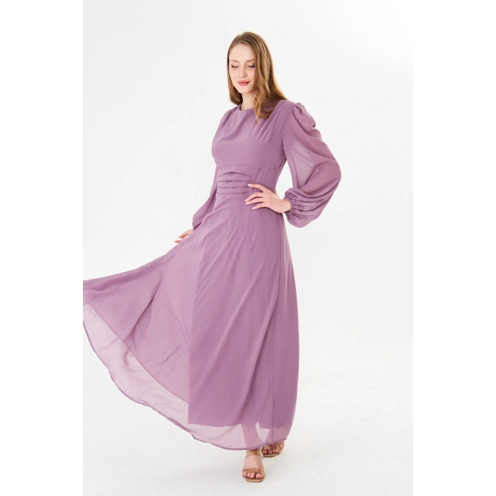 Balon Kollu Pileli Şifon Maxi Elbise – Astarlı Zarif Tasarım