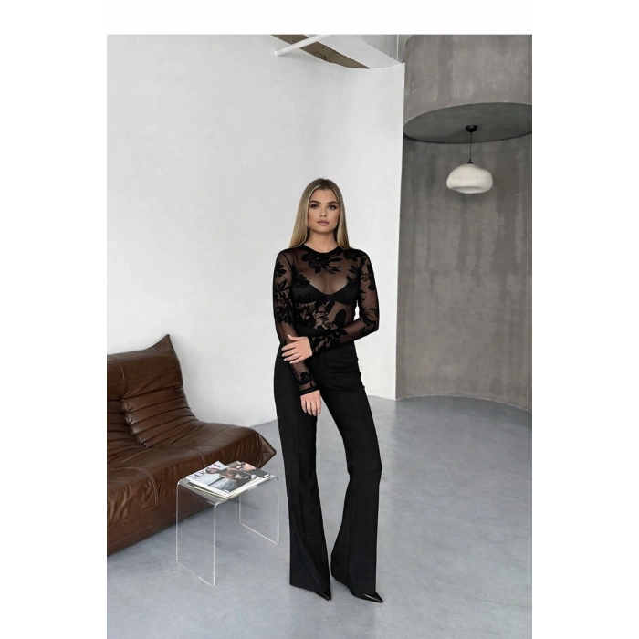 Kadın Bisiklet Yaka Transparan Tül Bluz Kadife Çiçek Desenli Şık Davet Üst