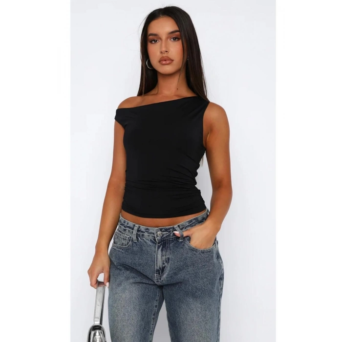 Asimetrik Kesim Büzgü Detaylı Esnek Bluz