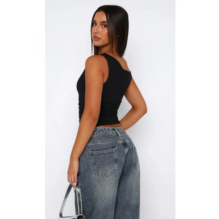 Asimetrik Kesim Büzgü Detaylı Esnek Bluz