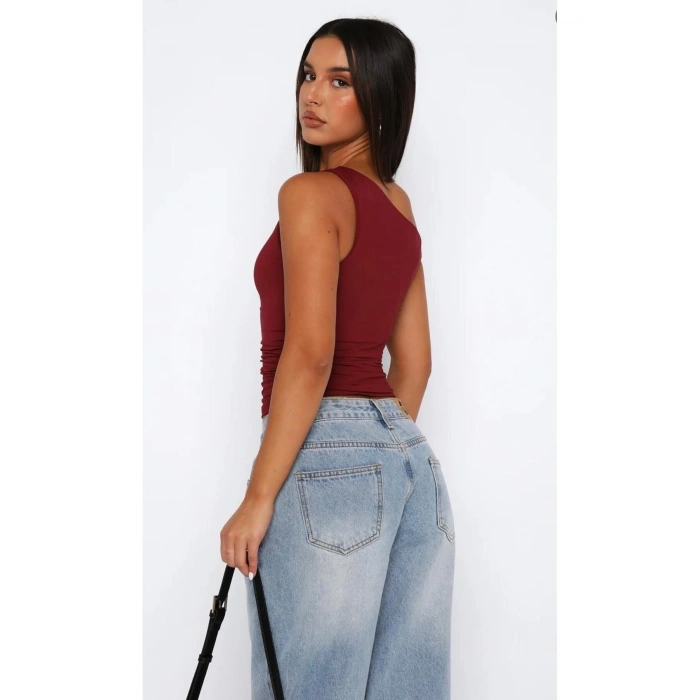 Asimetrik Kesim Büzgü Detaylı Esnek Bluz