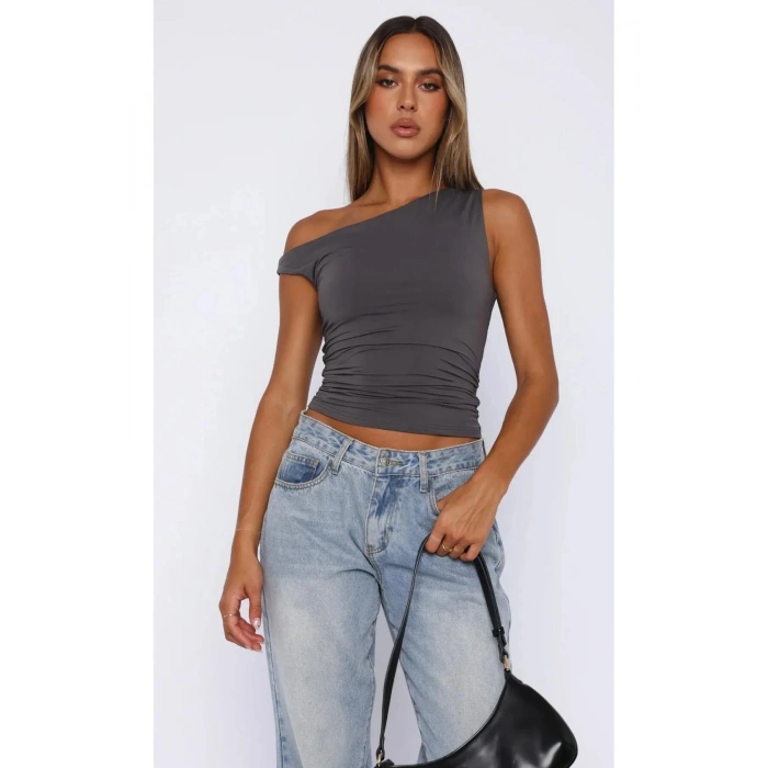 Asimetrik Kesim Büzgü Detaylı Esnek Bluz