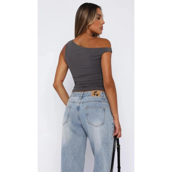 Asimetrik Kesim Büzgü Detaylı Esnek Bluz