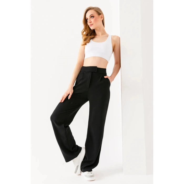 Siyah Kadın Yüksek Bel Cırtlı Trend Palazzo Pantolon