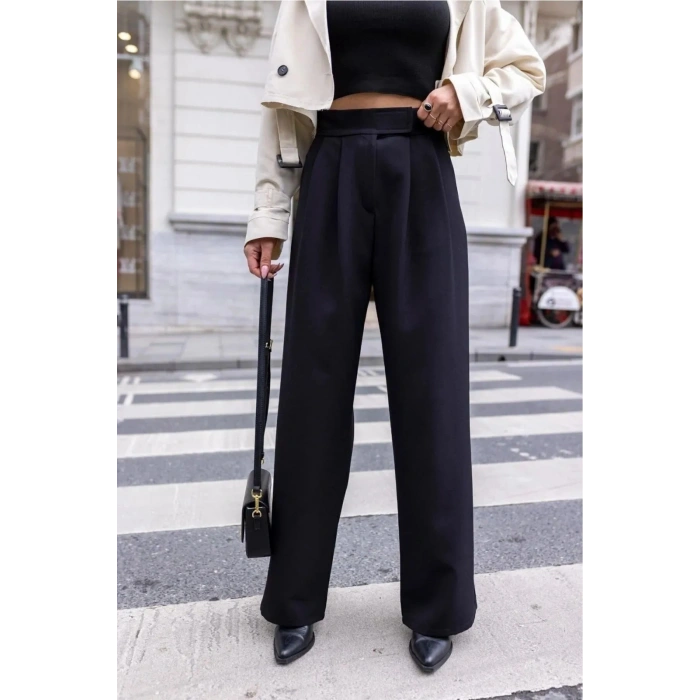 Siyah Kadın Yüksek Bel Cırtlı Trend Palazzo Pantolon