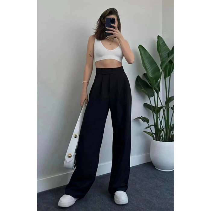 Siyah Kadın Yüksek Bel Cırtlı Trend Palazzo Pantolon