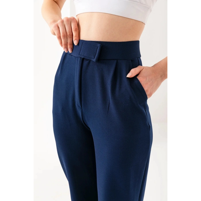 Kadın Lacivert Beli Cırtlı Yüksek Bel Trend Palazzo Pantolon