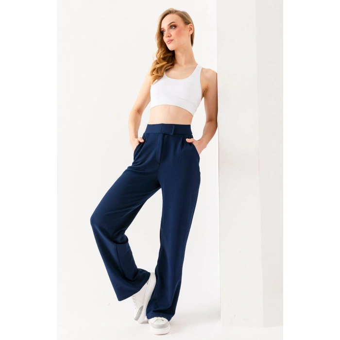 Kadın Lacivert Beli Cırtlı Yüksek Bel Trend Palazzo Pantolon
