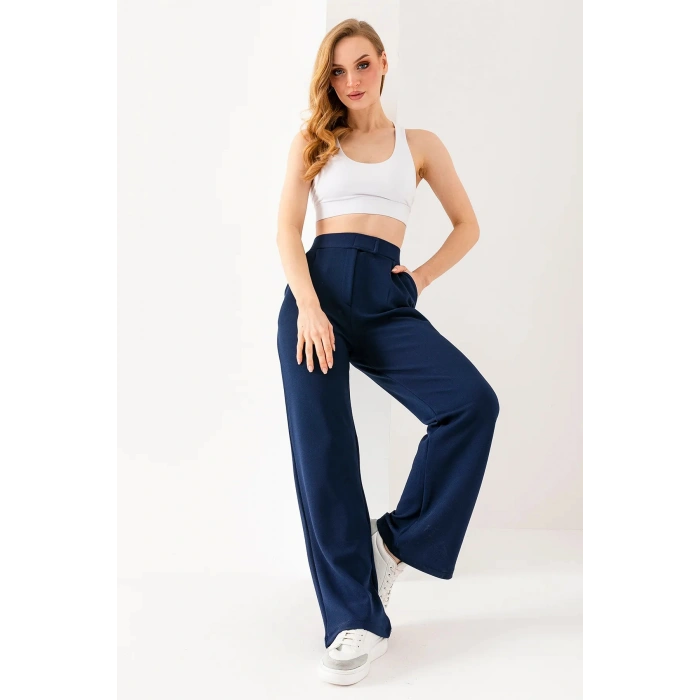 Kadın Lacivert Beli Cırtlı Yüksek Bel Trend Palazzo Pantolon