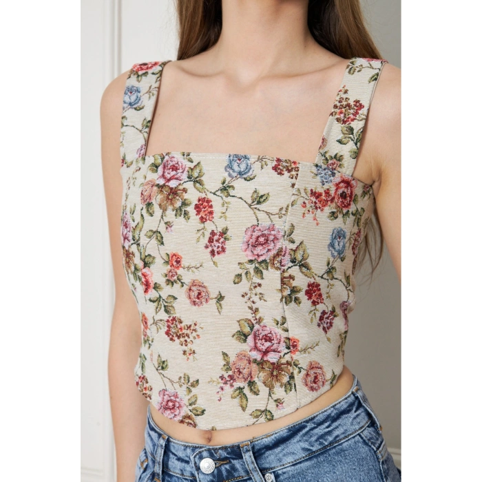 Yazlık Dokulu Kumaş Crop Bluz- Çiçekli Kalın Askılı Korse