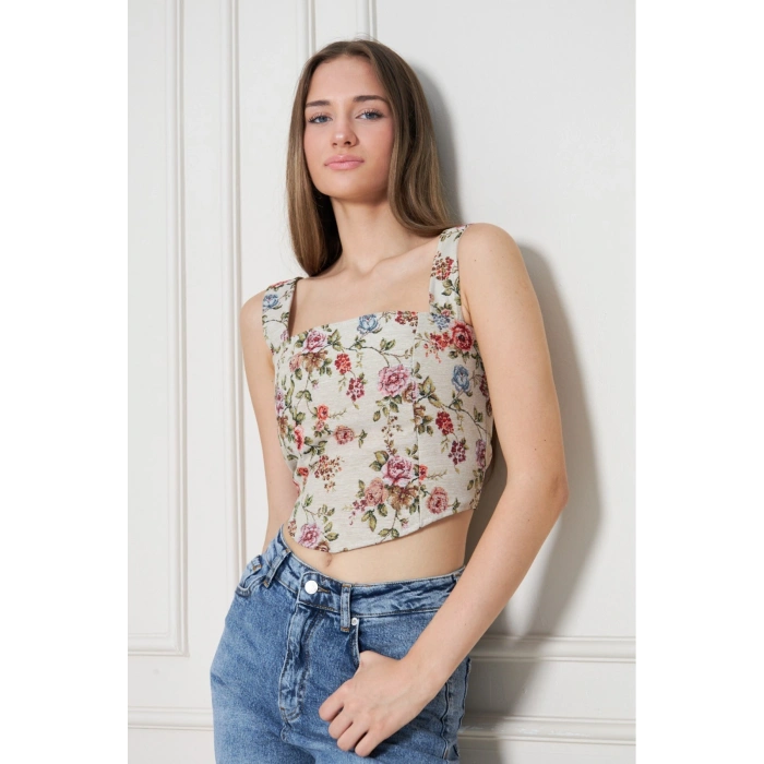 Yazlık Dokulu Kumaş Crop Bluz- Çiçekli Kalın Askılı Korse