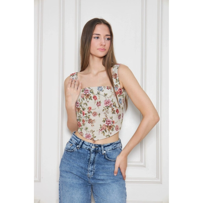 Yazlık Dokulu Kumaş Crop Bluz- Çiçekli Kalın Askılı Korse