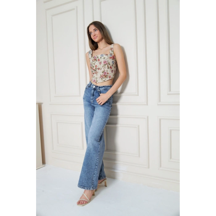 Yazlık Dokulu Kumaş Crop Bluz- Çiçekli Kalın Askılı Korse