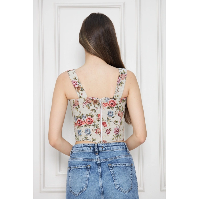 Vintage , Çiçekli Korse Bluz - Kalın Askılı -Kalın Dokulu Kumaş-Sonbahar