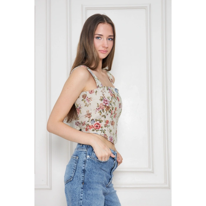Vintage , Çiçekli Korse Bluz - Kalın Askılı -Kalın Dokulu Kumaş-Sonbahar