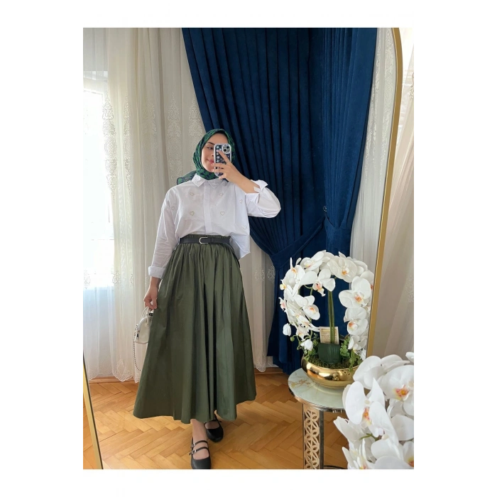 Yeşil Poplin Cepli Etek