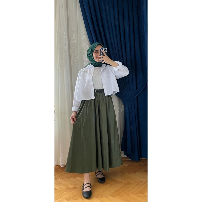 Yeşil Poplin Cepli Etek