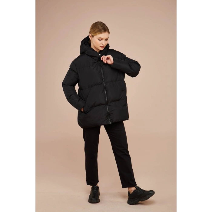 Kadın Siyah Kapüşonlu Şişme Mont Oversize Kalıp