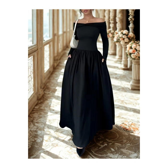 Kadın, Yaka Detaylı Uzun Kollu, Siyah, Cepli Uzun Elbise