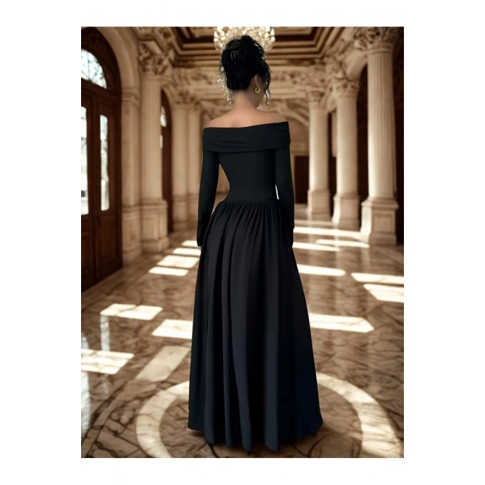 Kadın, Yaka Detaylı Uzun Kollu, Siyah, Cepli Uzun Elbise