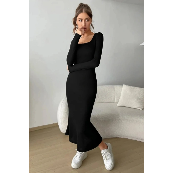 Siyah Kare Yaka Uzun Kollu Likralı Maxi Uzun Elbise