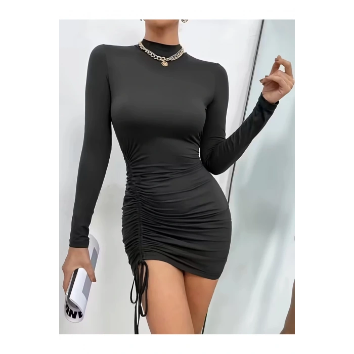 Kadın Siyah Uzun Kollu Balıkçı Yaka Büzgülü Mini Elbise