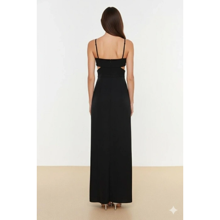 Siyah Pencere/Cut Out Detaylı Dokuma Uzun Abiye Gece Mezuniyet Elbisesi
