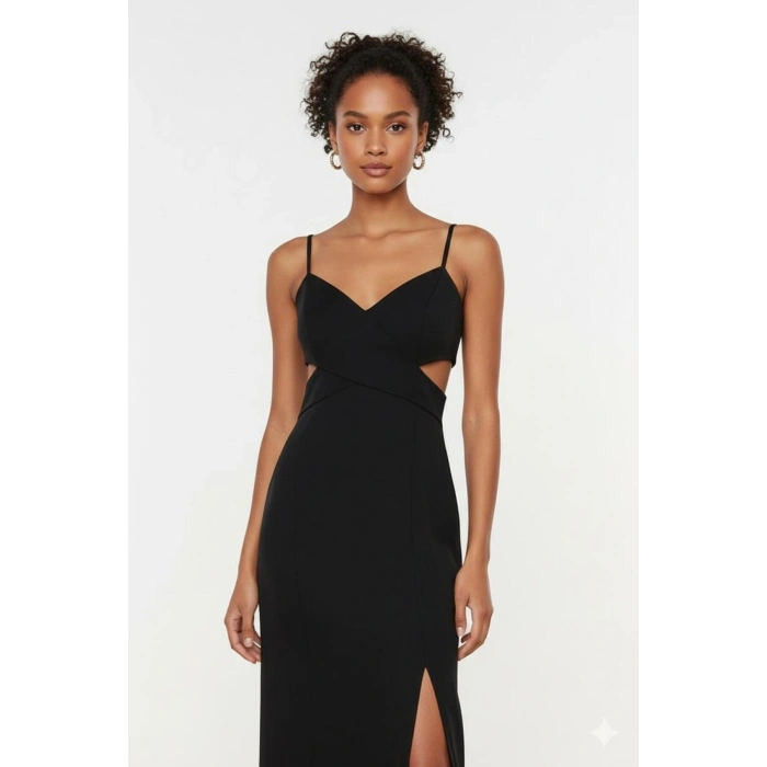 Siyah Pencere/Cut Out Detaylı Dokuma Uzun Abiye Gece Mezuniyet Elbisesi