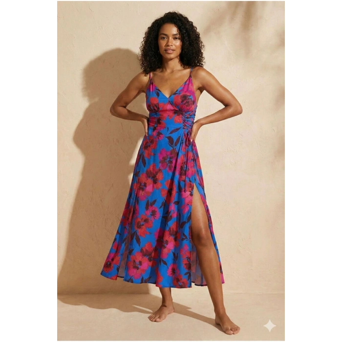 Çiçek Desenli Dokuma Bağlama Detaylı Maxi Elbise