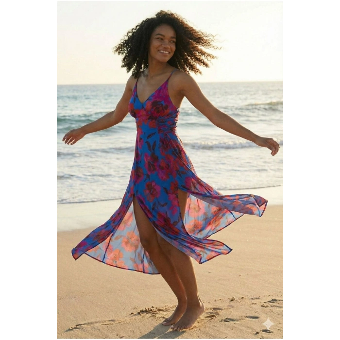 Çiçek Desenli Dokuma Bağlama Detaylı Maxi Elbise