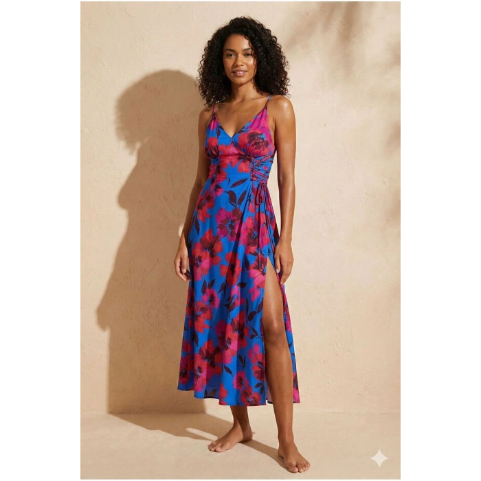 Çiçek Desenli Dokuma Bağlama Detaylı Maxi Elbise