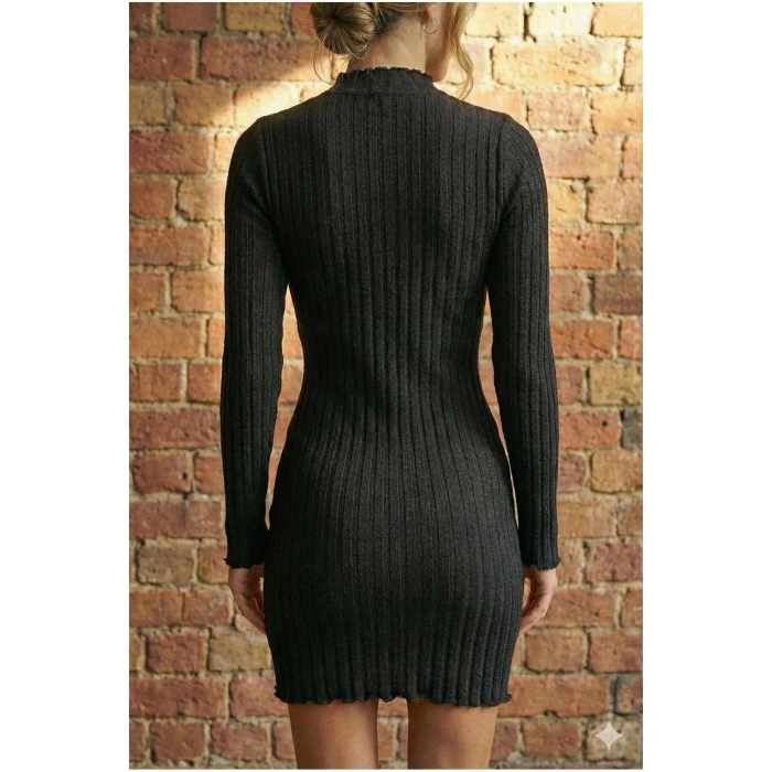 Kadın Dik Yaka Trend Fitilli Likralı Kısa Elbise Pamuklu Mevsimlik ve Kışlık