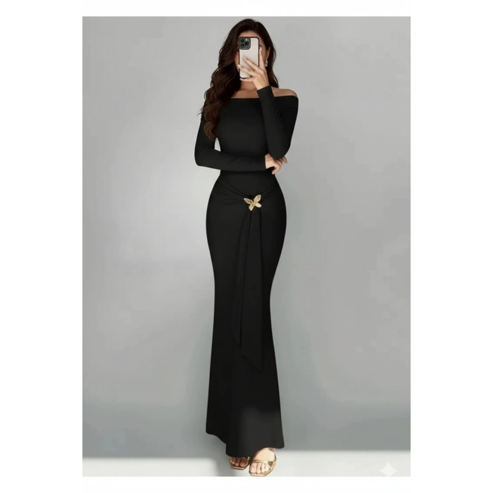 Kelebek Detaylı Uzun Kollu Vücuda Oturan Maxi Boy Elbise