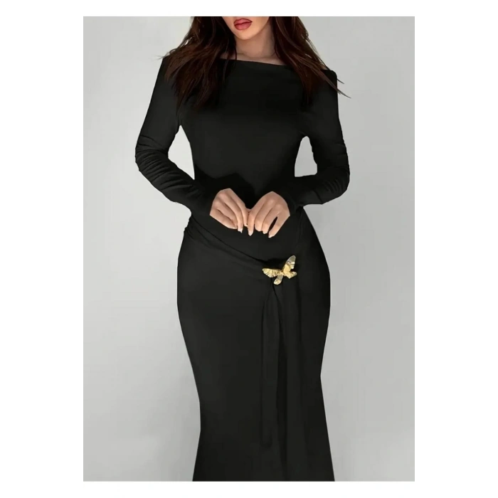 Kelebek Detaylı Uzun Kollu Vücuda Oturan Maxi Boy Elbise