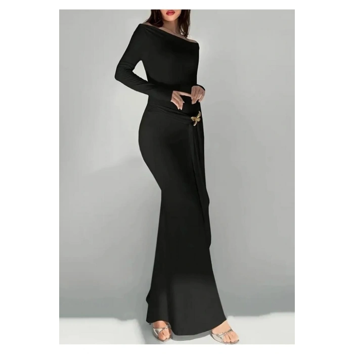 Kelebek Detaylı Uzun Kollu Vücuda Oturan Maxi Boy Elbise