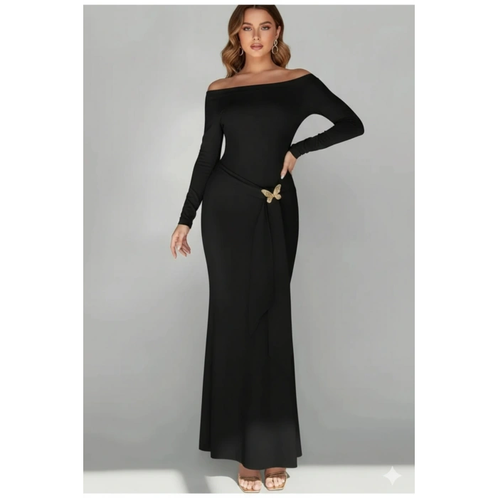 Kelebek Detaylı Uzun Kollu Vücuda Oturan Maxi Boy Elbise