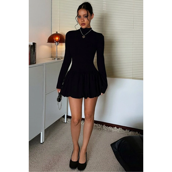 Kadın Yüksek Yaka Balon Etek Mini Elbise Mevsimlik ve Kışlık