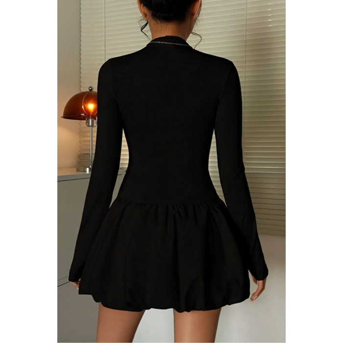 Kadın Yüksek Yaka Balon Etek Mini Elbise Mevsimlik ve Kışlık