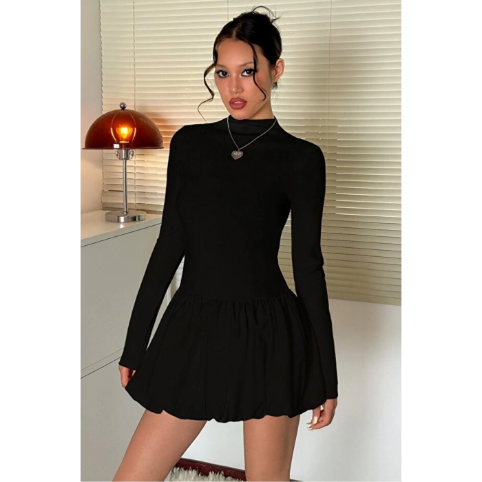 Kadın Yüksek Yaka Balon Etek Mini Elbise Mevsimlik ve Kışlık