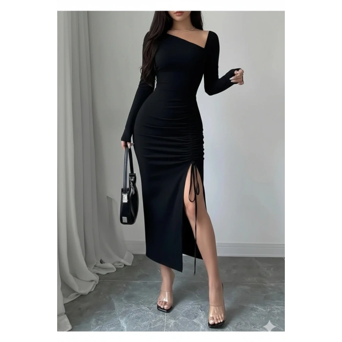 Kayık Yaka Detaylı Uzun Kollu Ayarlanabilir Yırtmaçlı Elbise