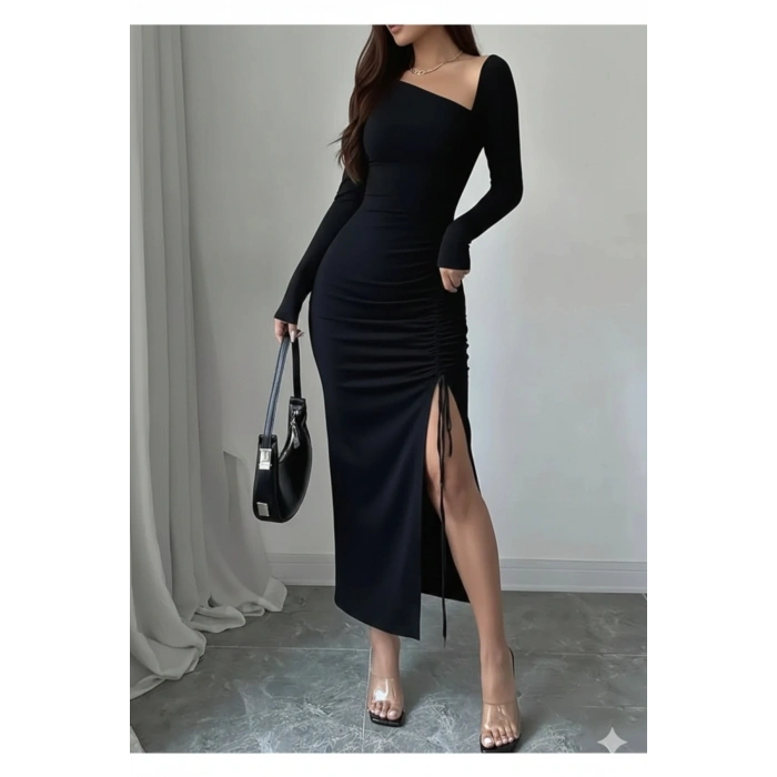 Kayık Yaka Detaylı Uzun Kollu Ayarlanabilir Yırtmaçlı Elbise